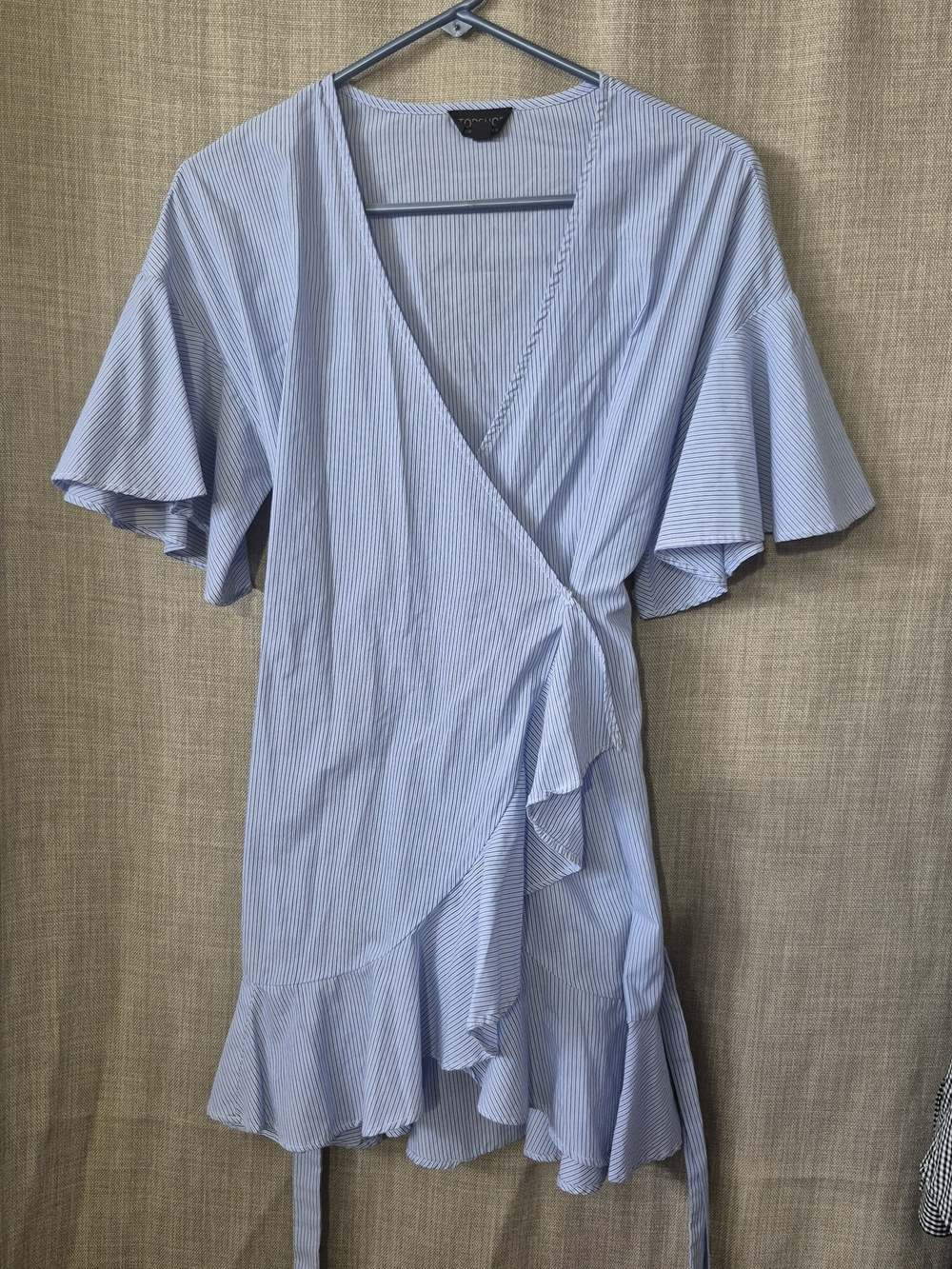 Topshop Light Blue Pinstripe Wrap Mini Dress Ruffled Hem - Size 6